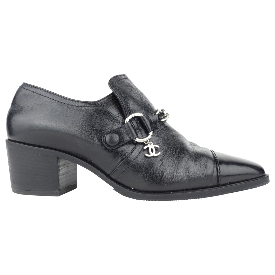 Chanel CC Black Leather and Patent Cap Toe Chain Pointed Ankle