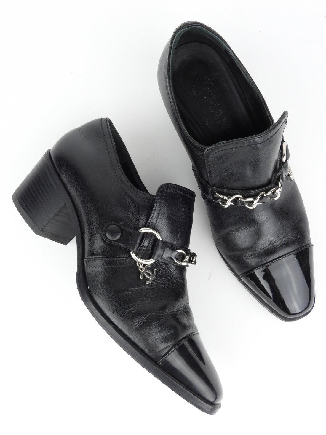 Chanel CC Black Leather and Patent Cap Toe Chain Pointed Ankle Boots - – I  MISS YOU VINTAGE