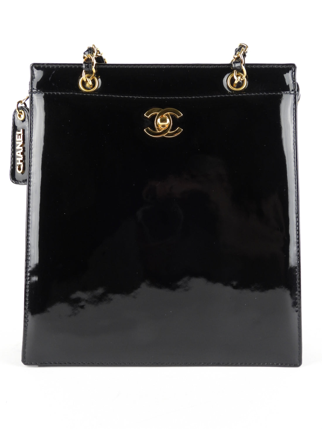 Chanel Vintage Black Patent Leather CC Chain Tote