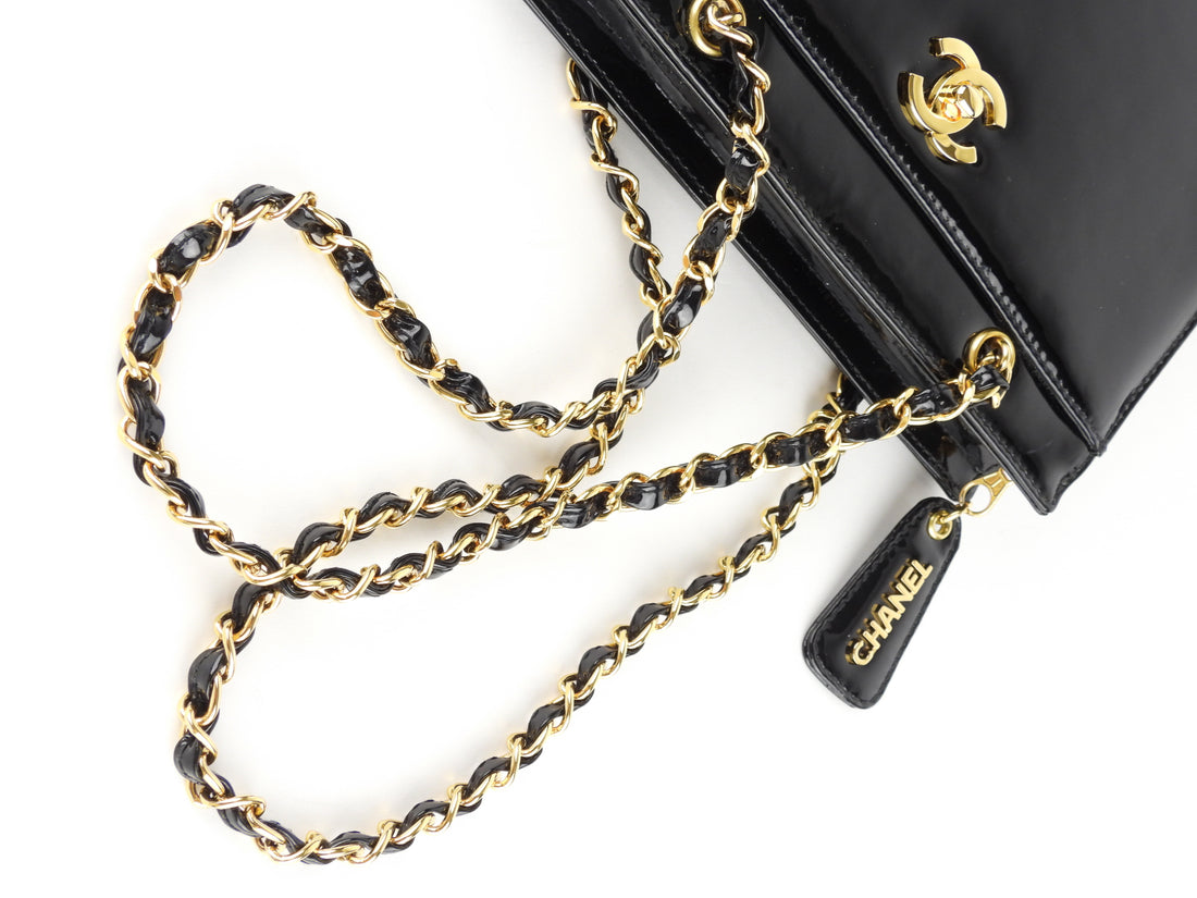 Chanel Vintage Black Patent Leather CC Chain Tote