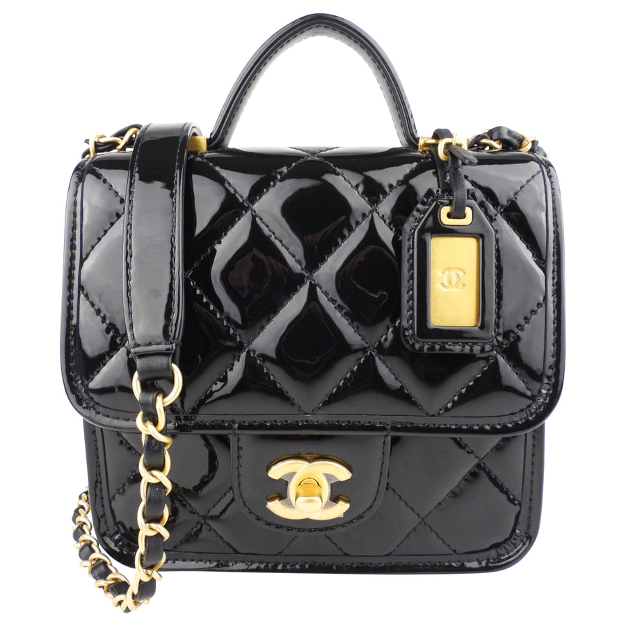 Chanel Black Patent Leather School Memory Mini Top Handle Flap Bag