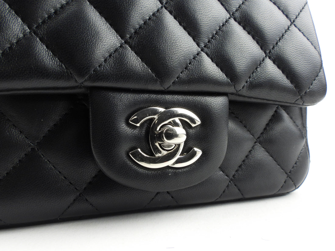 Chanel CC Black Quilted Lambskin Leather Mini Square Flap Bag on Chain