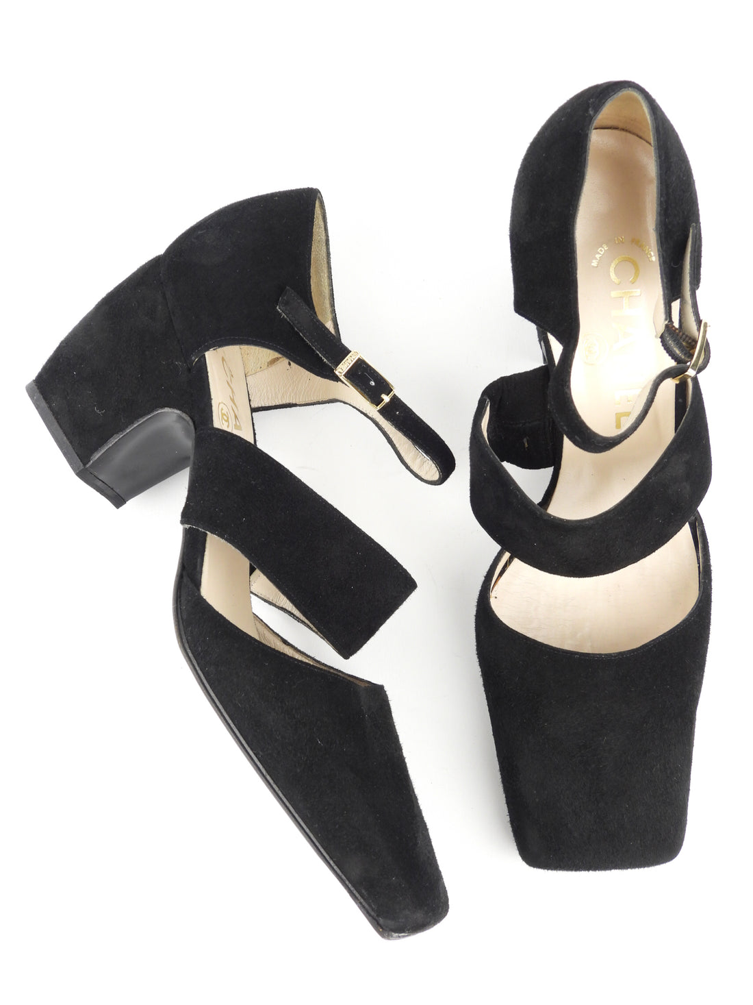 Chanel Black Suede Leather Block Heel Square Toe Open Shoes - 37.5