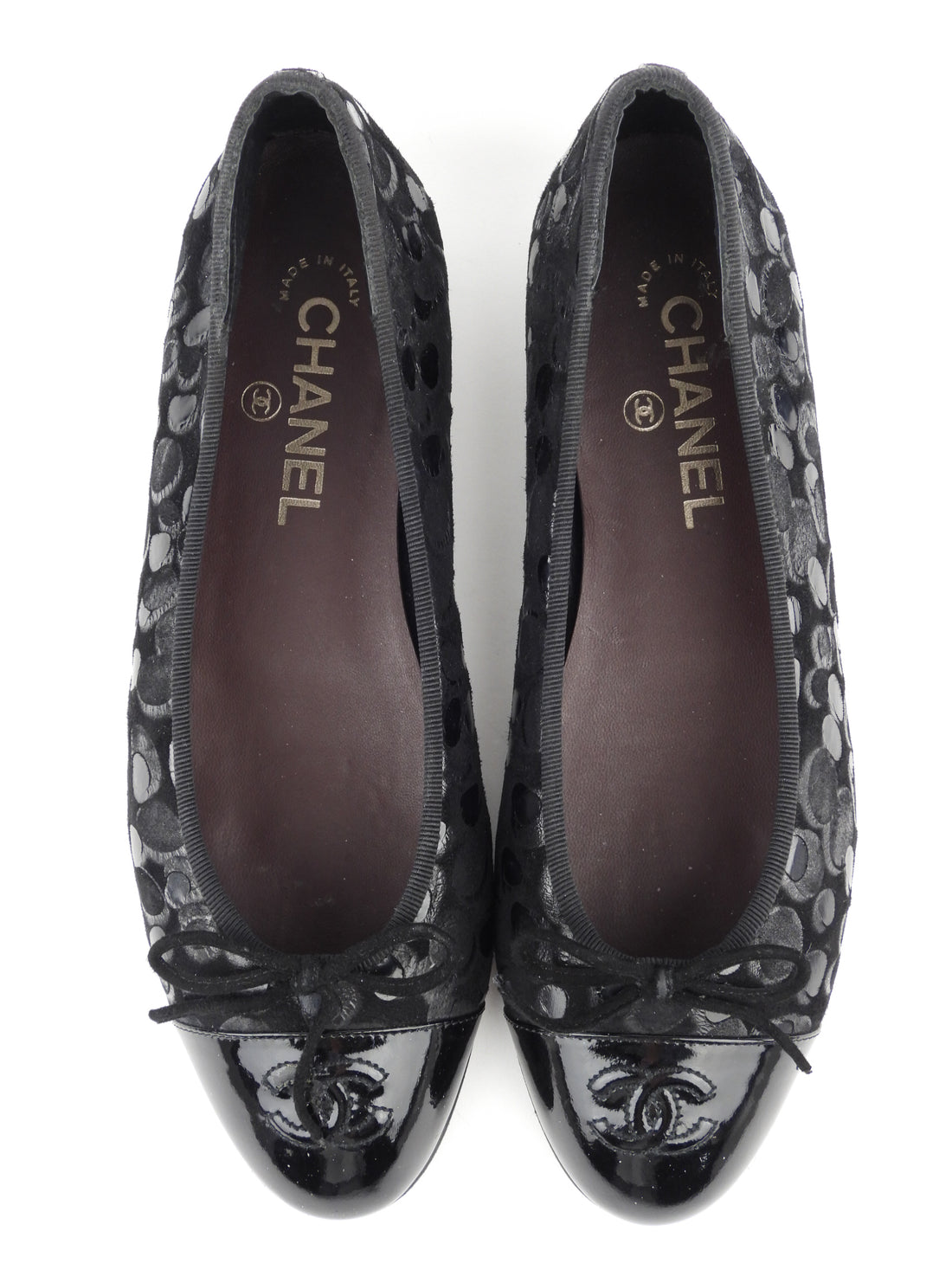 CHANEL Patent Calfskin CC Cap Toe Ballerina Flats 39.5 Dark Grey 391541