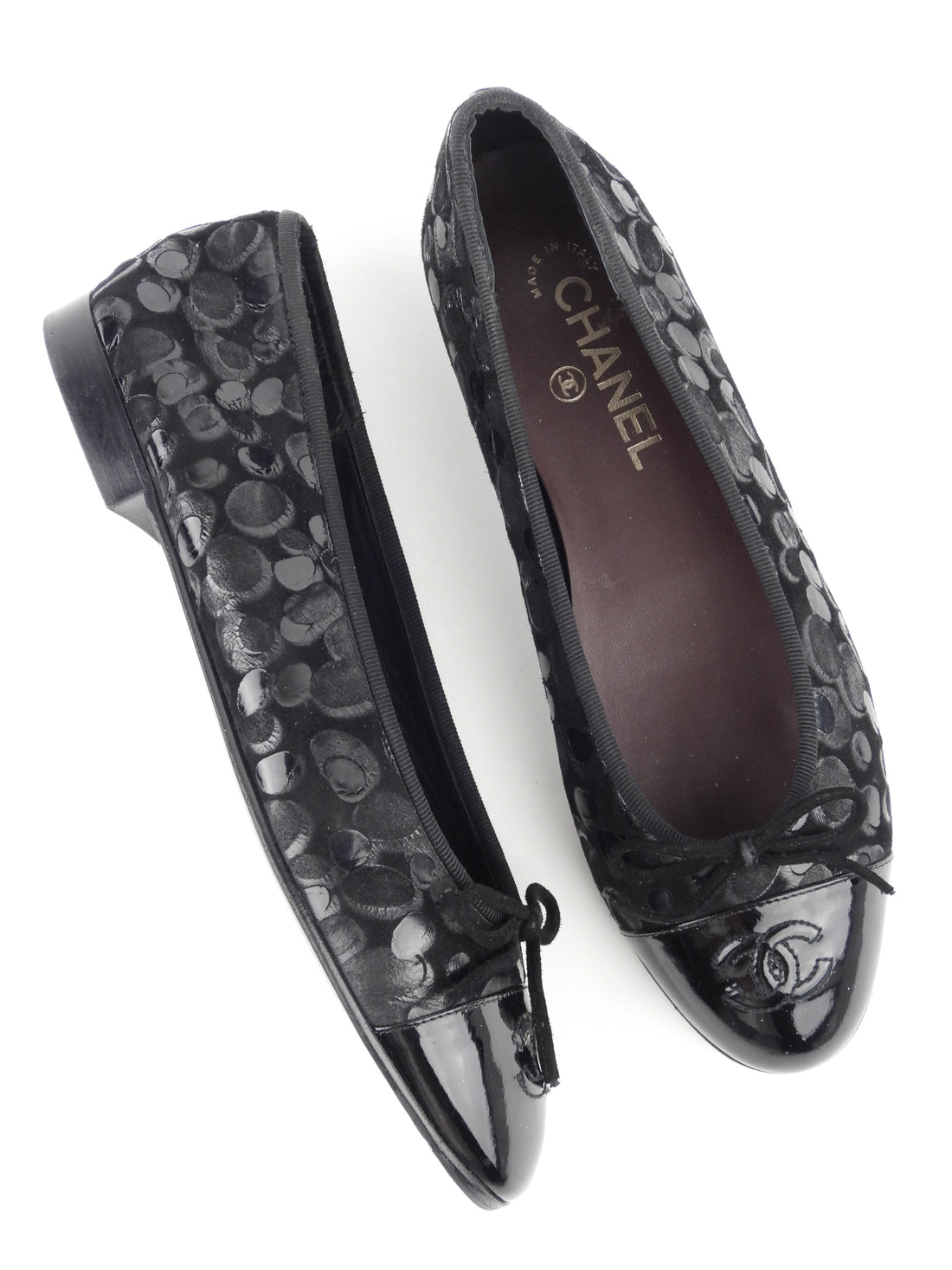 Chanel Black Suede and Patent Leather CC Cap Toe Ballet Flats