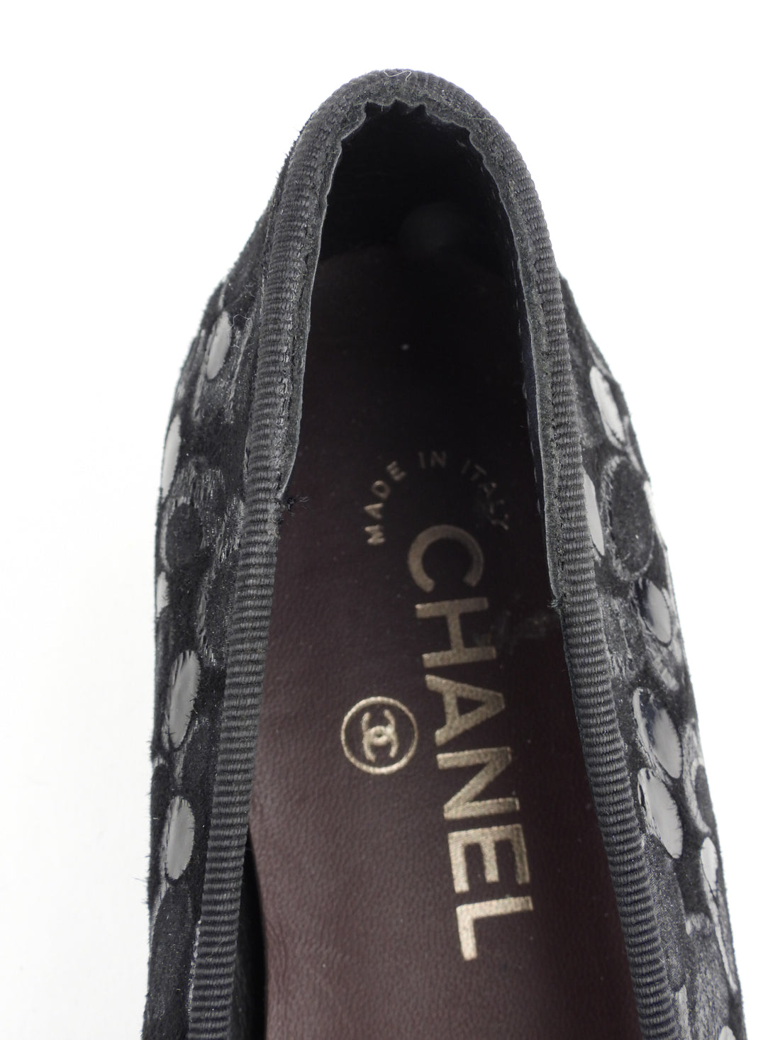Chanel Black Suede and Patent Leather CC Cap Toe Ballet Flats - 38.5