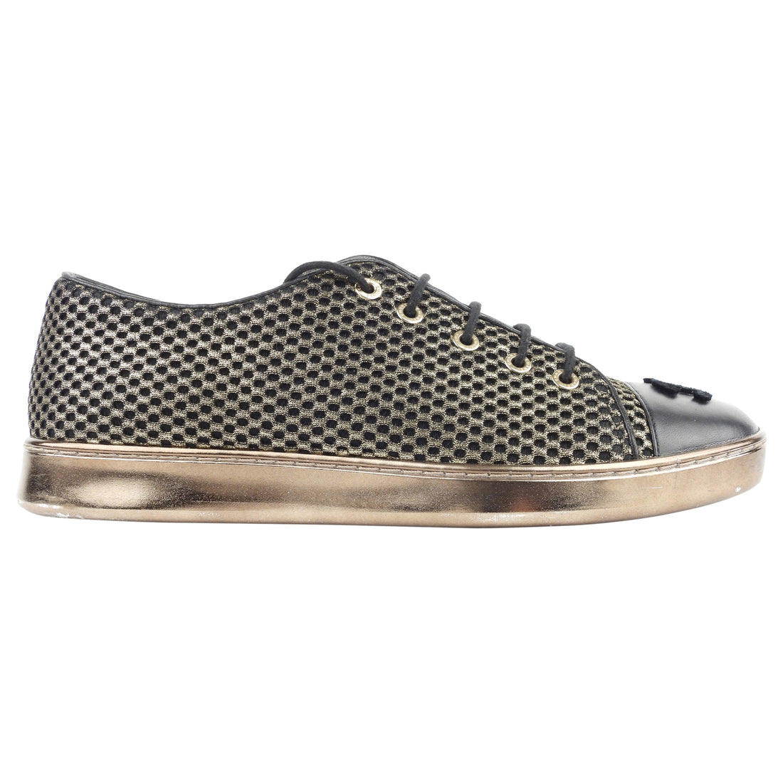 Chanel Black and Gold Metallic Checkered Mesh Flocked CC Cap Toe Lace Up Sneakers