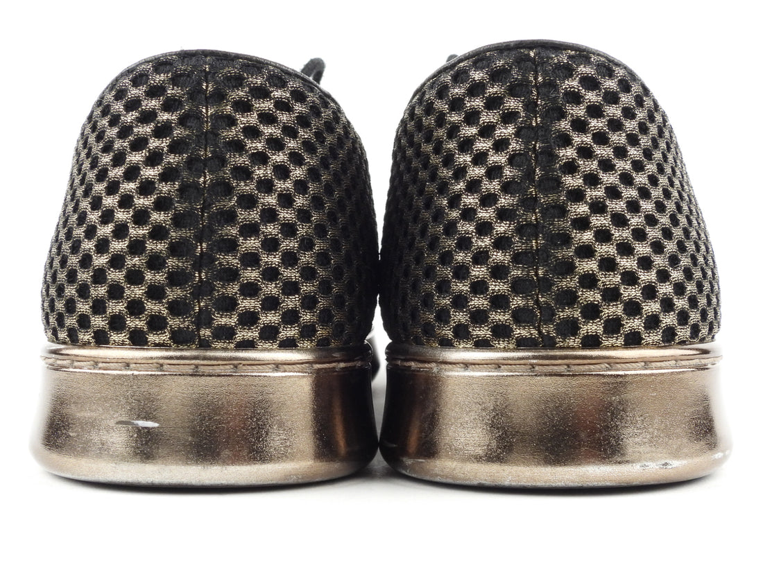 Chanel Black and Gold Metallic Checkered Mesh Flocked CC Cap Toe Lace Up Sneakers