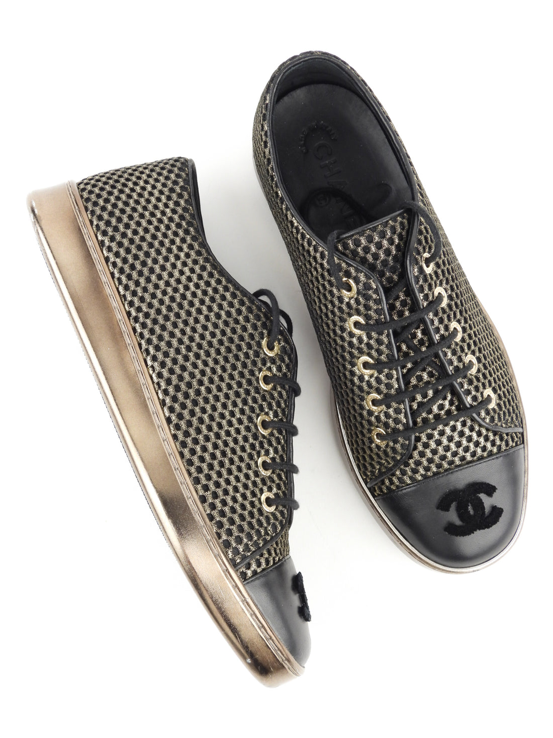 Chanel Black and Gold Metallic Checkered Mesh Flocked CC Cap Toe Lace Up Sneakers