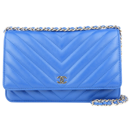Chanel Classic CC Blue Lambskin Leather Chevron Quilted Wallet on Chain