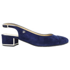 Chanel CC Blue Suede Leather Cap Toe Block Heel Slingback Shoes - 38