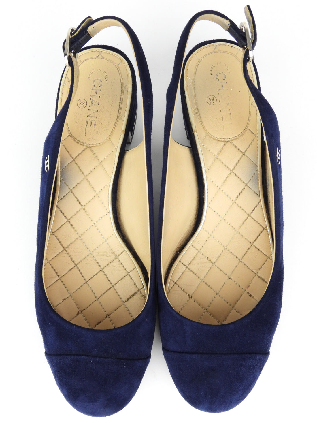 Chanel CC Blue Suede Leather Cap Toe Block Heel Slingback Shoes