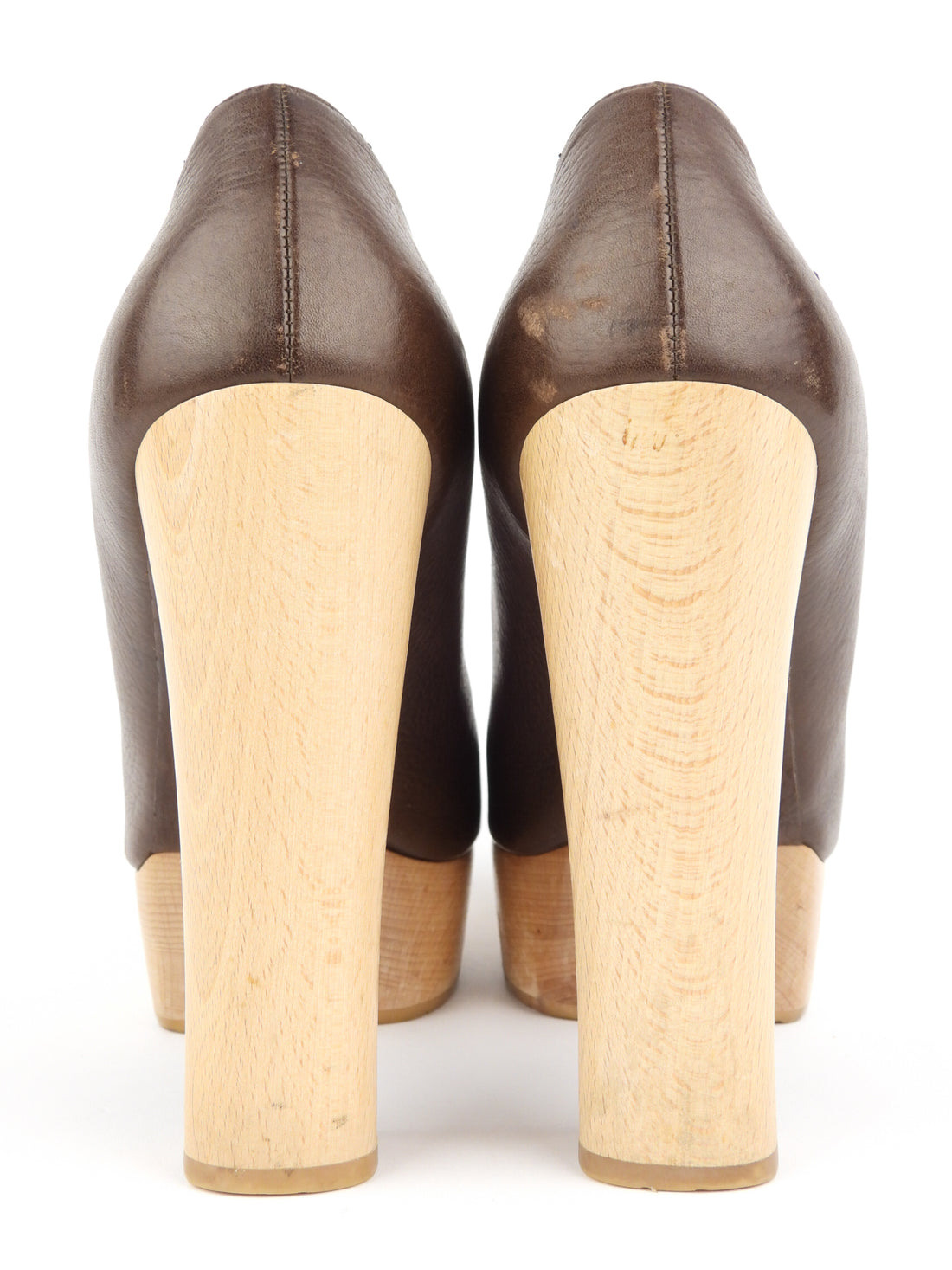 Chanel Brown Leather and Wood Block Heel Platform Peep Toe Mary Jane Pumps - 40