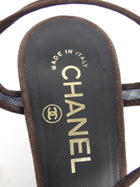 Chanel Brown Mesh and Suede Camelia CC Cork Wedge T-Strap Sandals - 38.5 / 8.5 US