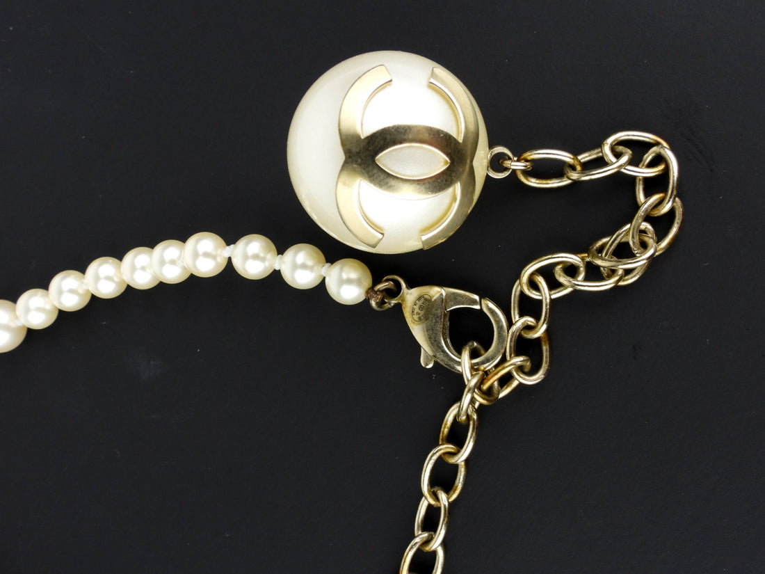 Chanel 14S CC Long Double Wrap Pearl and Chain Statement Necklace
