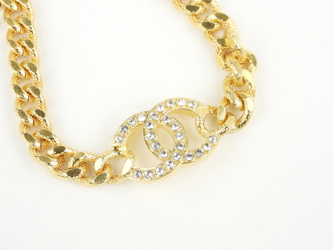 Chanel 22A Crystal CC Gold Tone Cuban Chain Bracelet