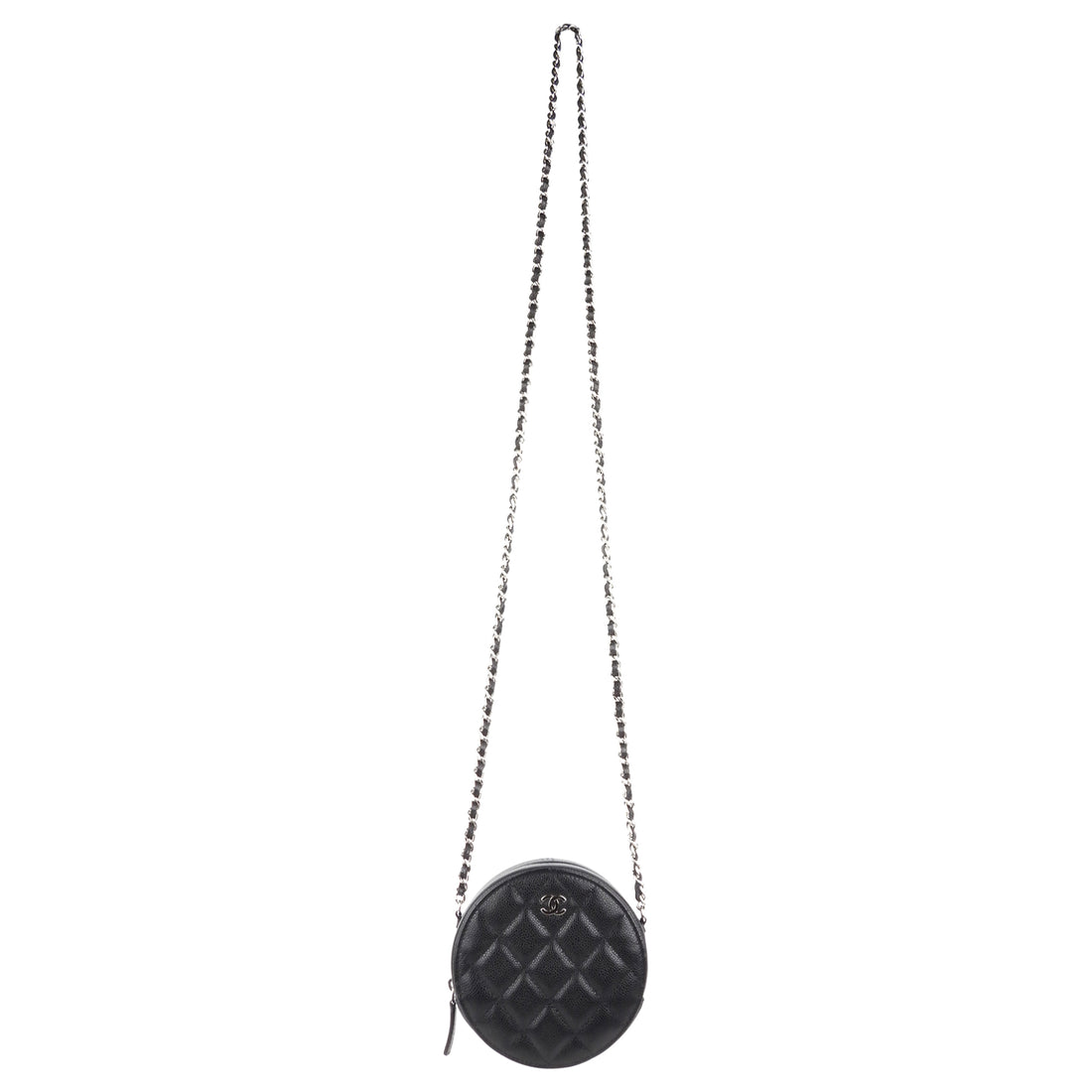 Chanel 2020 CC Black Caviar Leather Timeless Round Clutch with Chain SHW