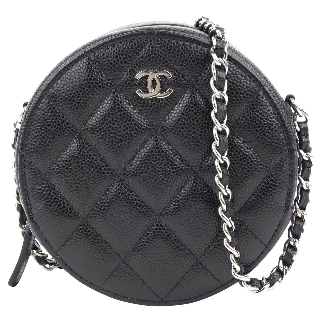 CHANEL Shiny Goatskin Quilted Chanel 19 Round Clutch With Chain Black  526346