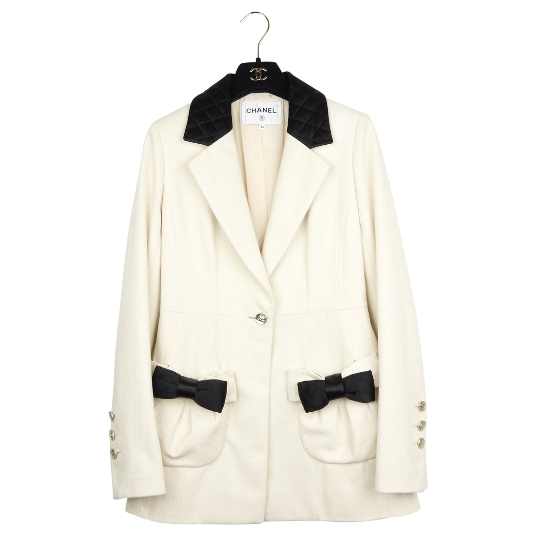 Chanel 21S Ecru Cotton Jacket with Silk  Satin Bow Accents- FR38