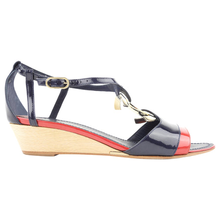 Chanel Navy and Red Patent Leather CC Wedge Sandals - 38