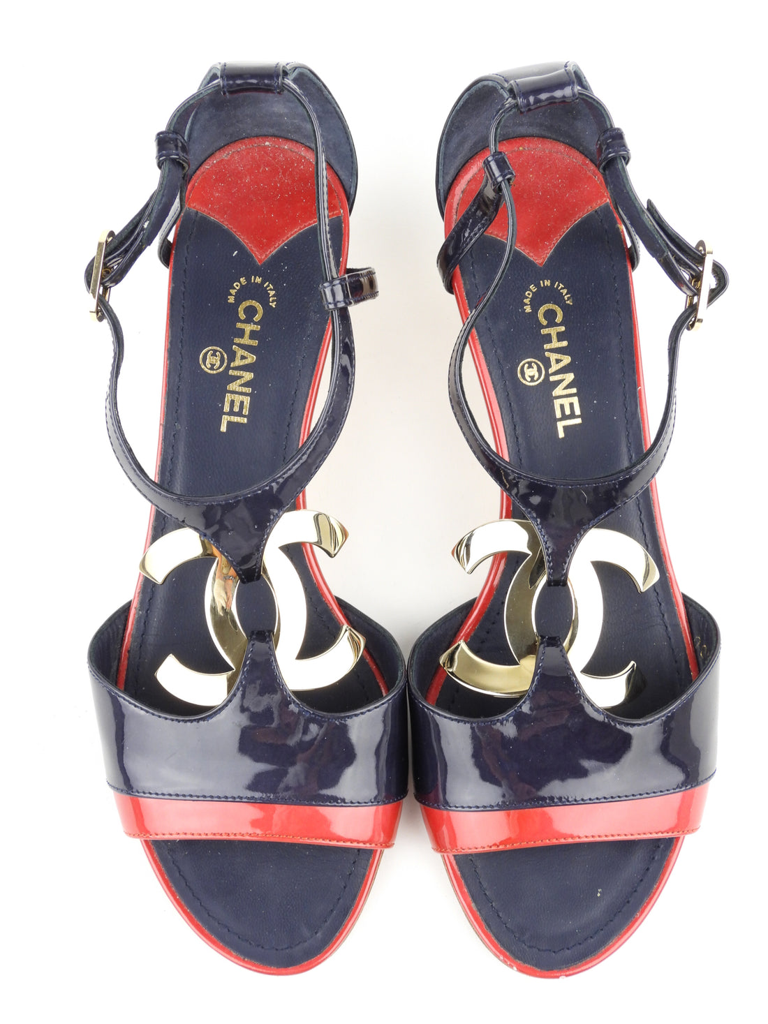 Chanel Navy and Red Patent Leather CC Wedge Sandals - 38
