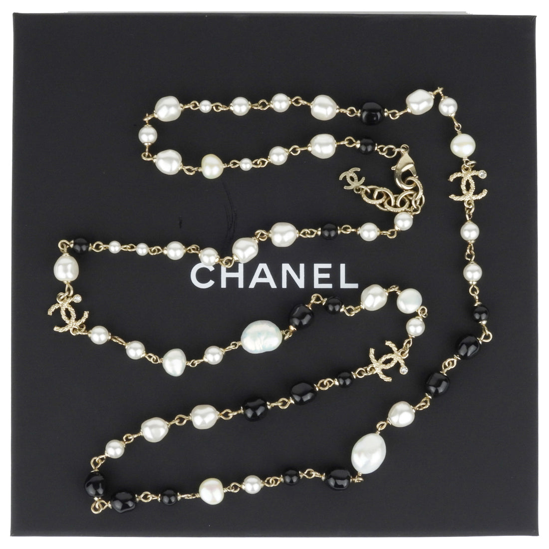 Chanel 19B Pearl, Black, Crystal and Gold Tone CC Long Chain Necklace – I  MISS YOU VINTAGE