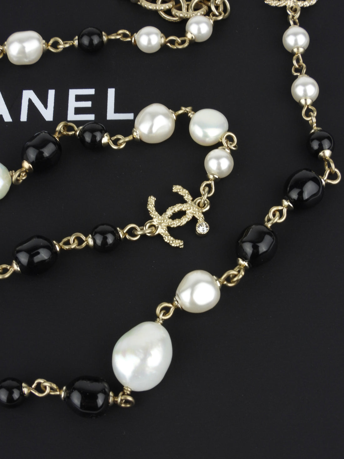 Chanel 19B Pearl, Black, Crystal and Gold Tone CC Long Chain Necklace