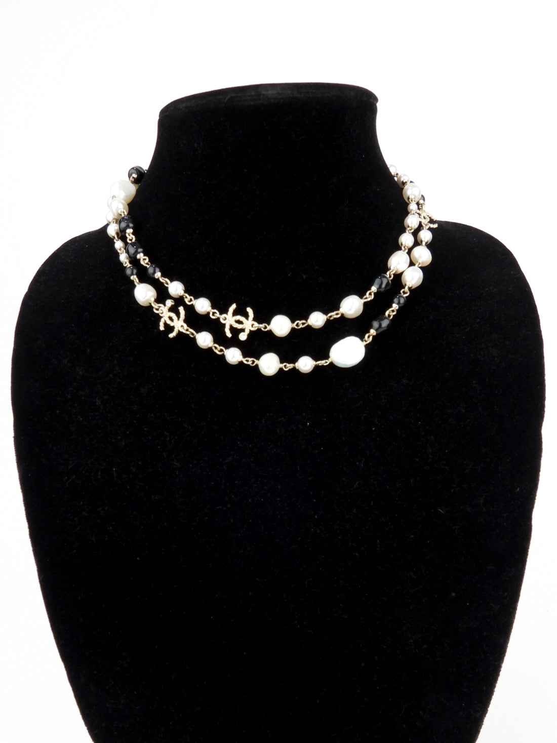 Chanel 19B Pearl, Black, Crystal and Gold Tone CC Long Chain Necklace