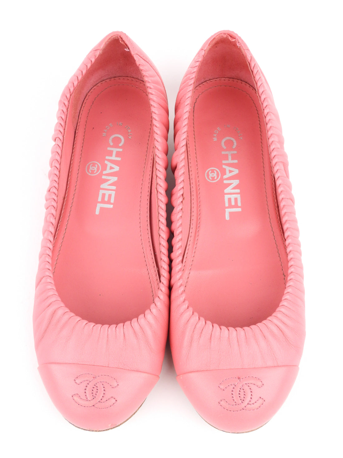 Chanel Pink Ruched Leather Cap Toe Ballet Flats - 36