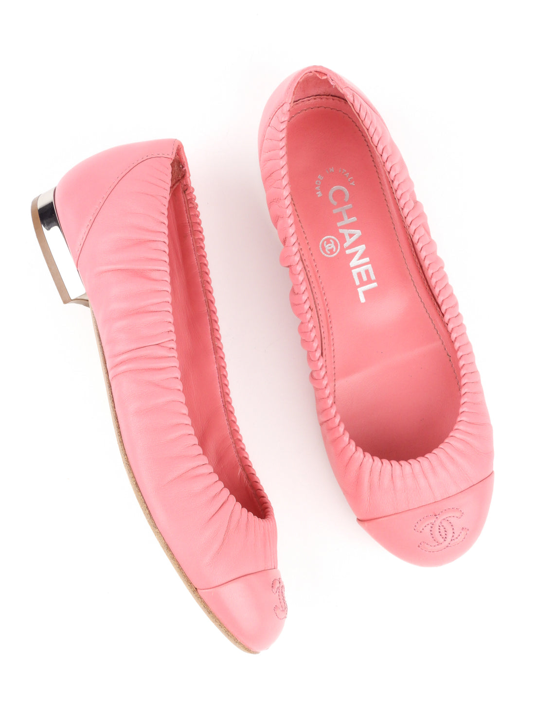 Chanel Pink Ruched Leather Cap Toe Ballet Flats - 36