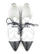 Chanel Silver Metallic Leather Black Cap Toe CC Oxford Shoes