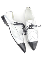 Chanel Silver Metallic Leather Black Cap Toe CC Oxford Shoes