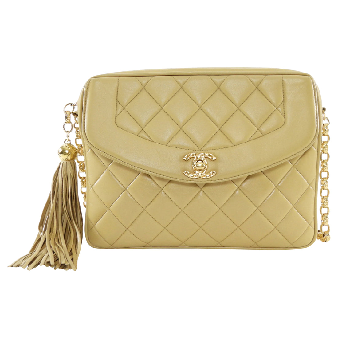 Chanel Vintage 1991 Beige Leather Medium Bijoux Tassel Flap Camera Bag
