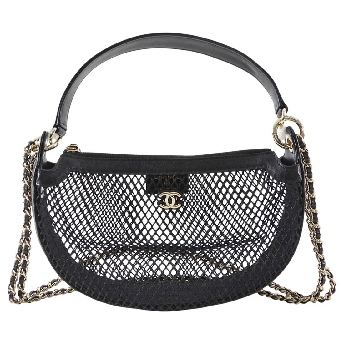 Chanel 2025 Black Mesh Shiny Lambskin Chain Hobo Bag