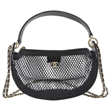 Chanel 2025 Black Mesh Shiny Lambskin Chain Hobo Bag