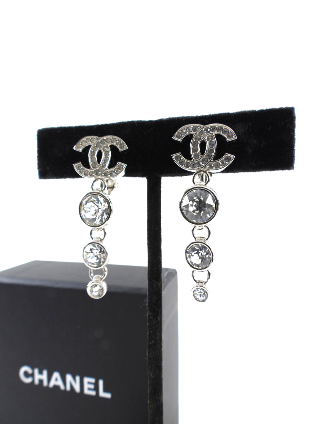 Chanel 23 Strass Clear Crystal CC Drop Earrings Silver
