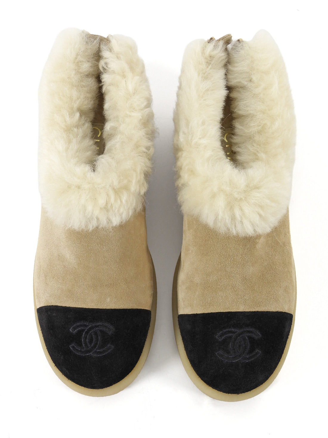 Chanel Beige Black 25A Shearling Suede Cap Toe Gum Sole Short Boots - 36.5