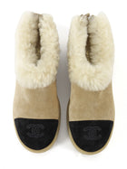 Chanel Beige Black 25A Shearling Suede Cap Toe Gum Sole Short Boots - 36.5