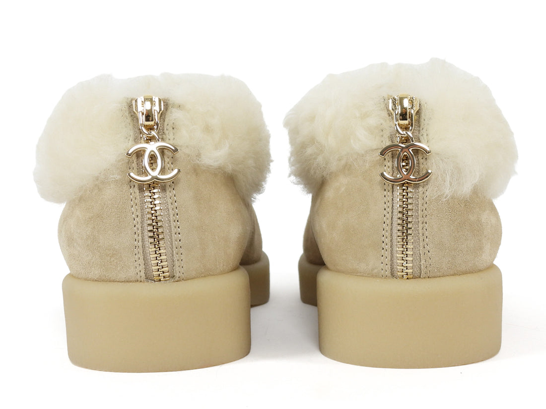 Chanel Beige Black 25A Shearling Suede Cap Toe Gum Sole Short Boots - 36.5