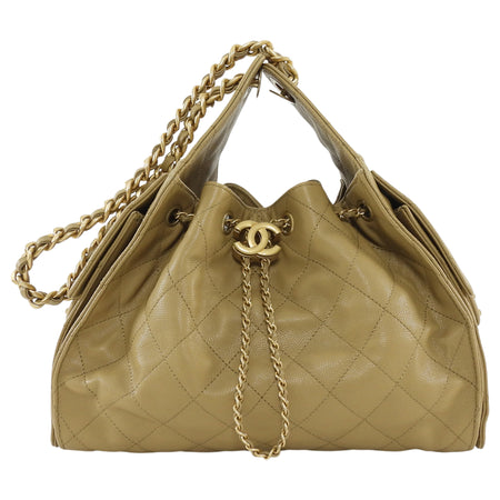 Chanel 25 Beige Matte Gold Drawstring Quilted Caviar Leather Small Chain Hobo Bag