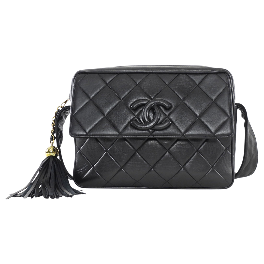 Chanel Vintage 1994 Black Lambskin Quilted CC Pocket Tassel Camera Bag
