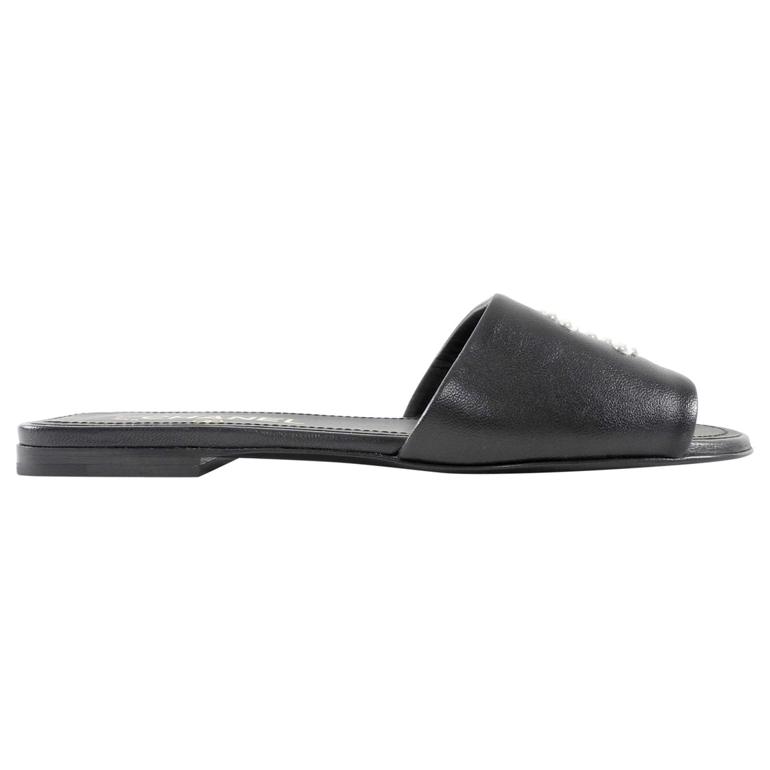 Chanel Pearl Interlocking CC Black Lambskin Flat Sandals - 37C