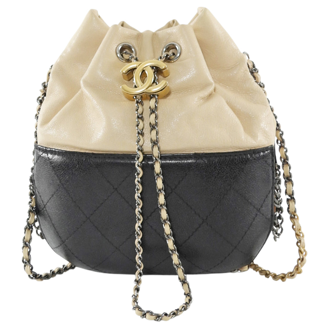 Chanel Black and Beige Gabrielle Chain Drawstring Bucket Bag