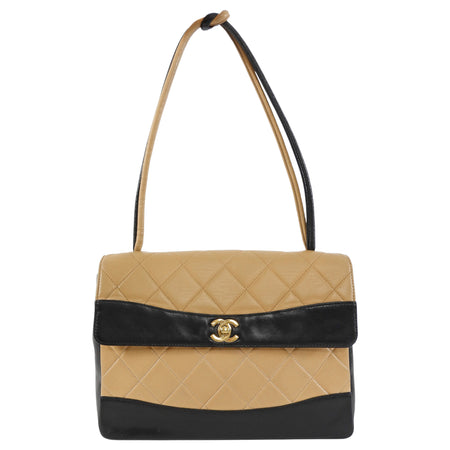 Chanel Beige Black Vintage 2000 Quilted Lambskin Bicolour Flap Shoulder Bag
