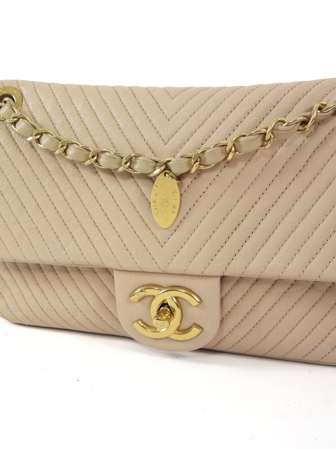 Chanel Light Beige Surpique Chevron Quilted Medium Flap Bag