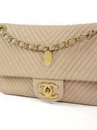Chanel Light Beige Surpique Chevron Quilted Medium Flap Bag