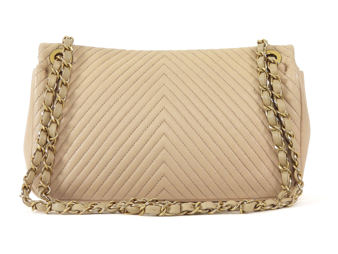 Chanel Light Beige Surpique Chevron Quilted Medium Flap Bag