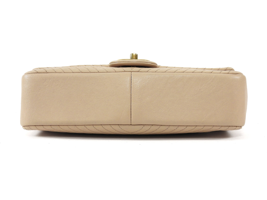 Chanel Light Beige Surpique Chevron Quilted Medium Flap Bag
