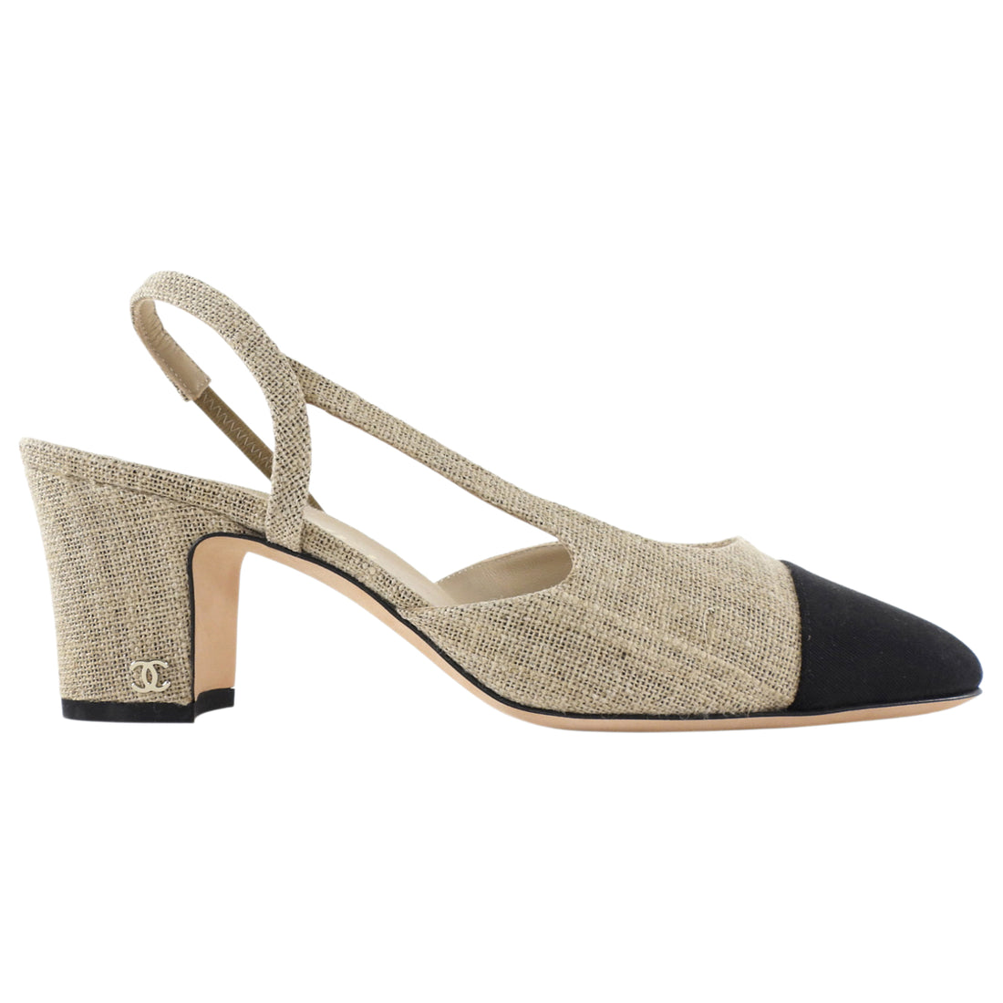 Chanel Natural Linen Grosgrain Cap Toe Block Heel Slingback Heels - 37.5 / 7