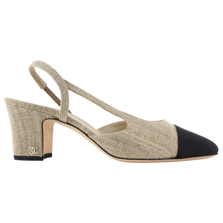 Chanel Natural Linen Grosgrain Cap Toe Block Heel Slingback Heels - 37.5 / 7